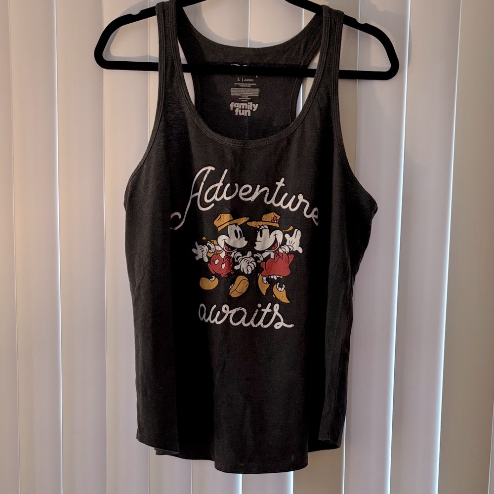 Disney Mickey & Minnie Charcoal Gray Tank Top Adventure Awaits Juniors Size L